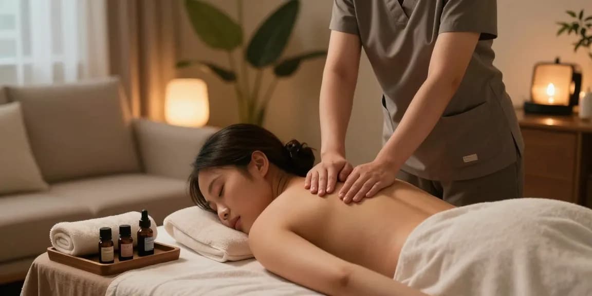 Client receiving 출장안마 in a peaceful home setting with calming ambiance.
