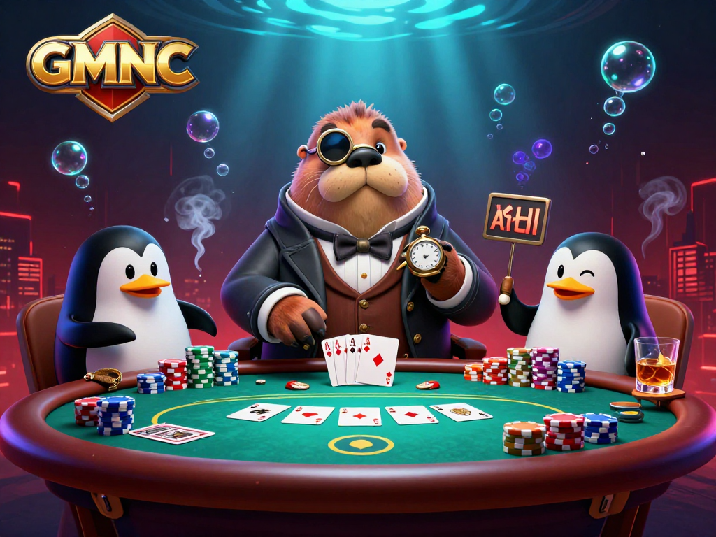 Engage with the exciting underwater poker scene showcasing GMNC with a walrus, penguin dealer, and pufferfish player.