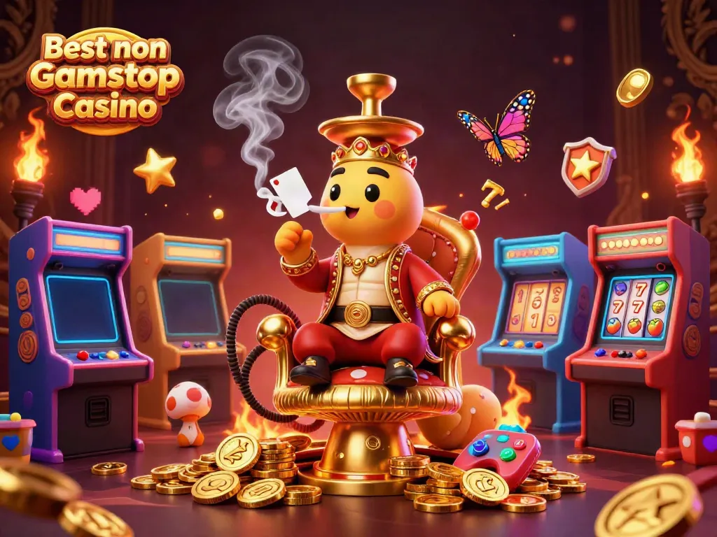 Engaging scene depicting the Best non Gamstop Casino with a whimsical caterpillar character in a Turkish sultan outfit amidst vibrant game machines.