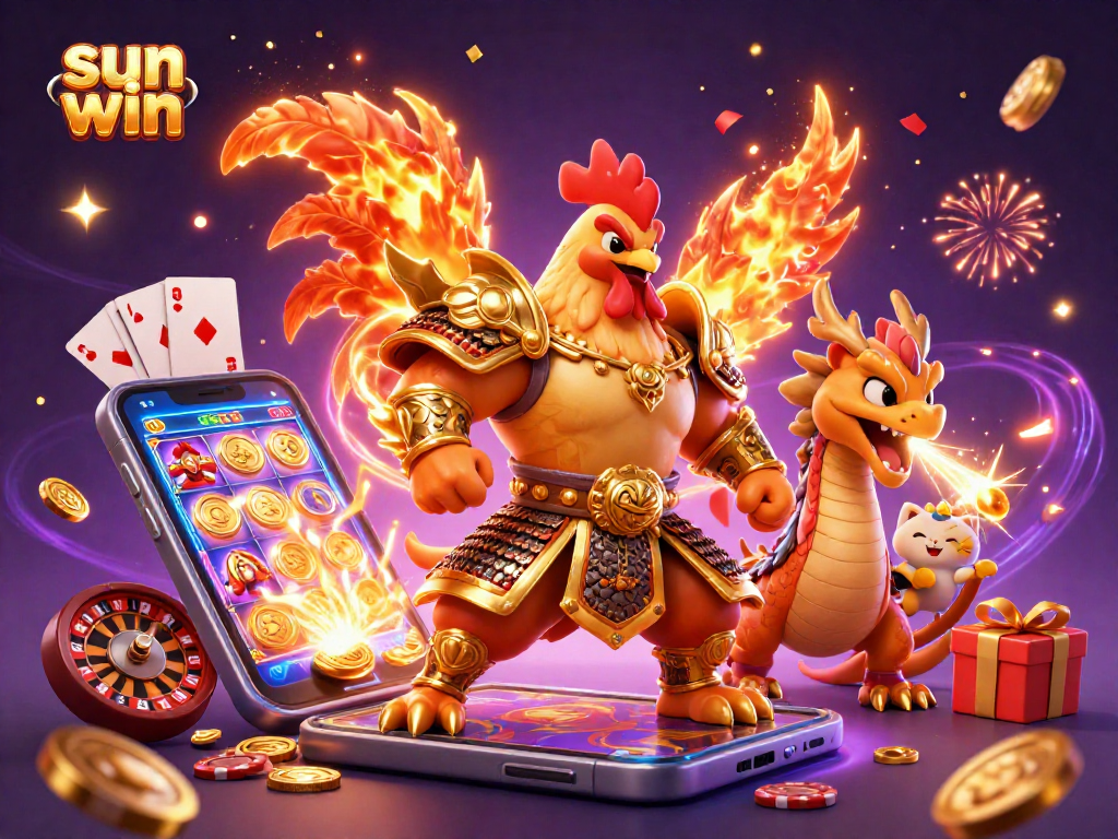 Experience sun win excitement with a vibrant 3D illustration featuring a heroic rooster warrior and a dragon hatchling.