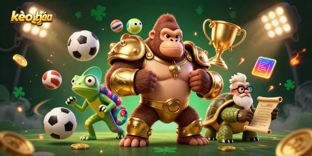 Engage with kèo nhà cái in an exciting scene with a powerful gorilla, chameleon, and tortoise in an immersive sports betting environment.