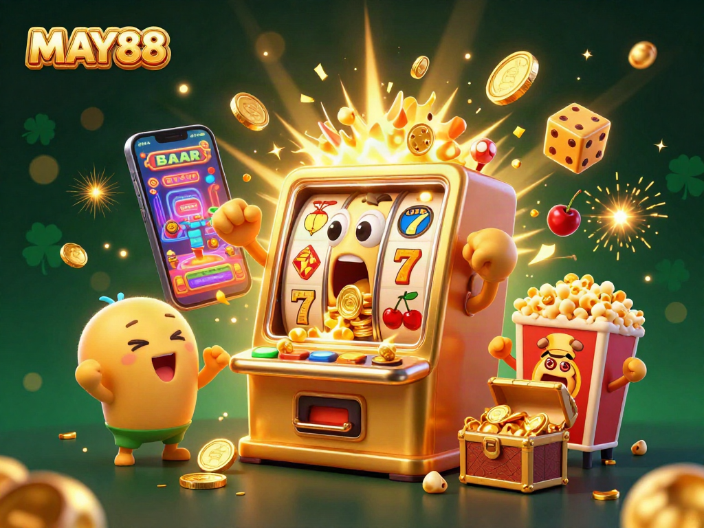 MAY88 slot machine wins jackpot while golden coins spill, capturing thrilling casino moments.