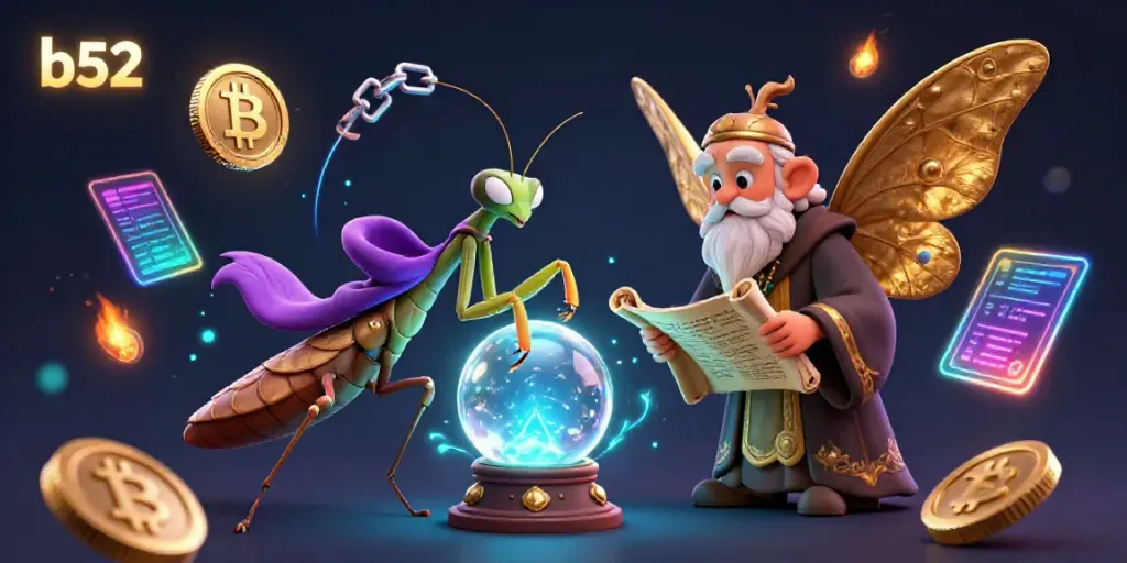 Engage with the b52 experience: mystical fortune teller and moth librarian predicting jackpots in a vibrant casino world.