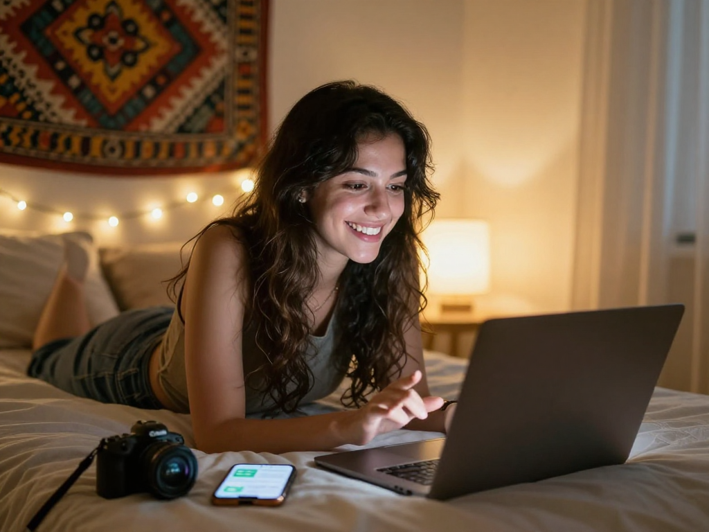 Engaging video chat scene depicting a woman enjoying an intimate sexchat in cozy setting with warm lighting.
