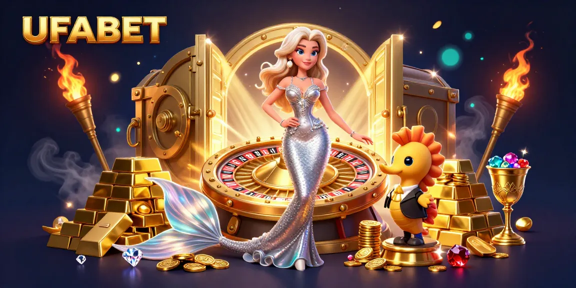 Experience excitement at UFABET with a stunning mermaid next to a golden roulette wheel.