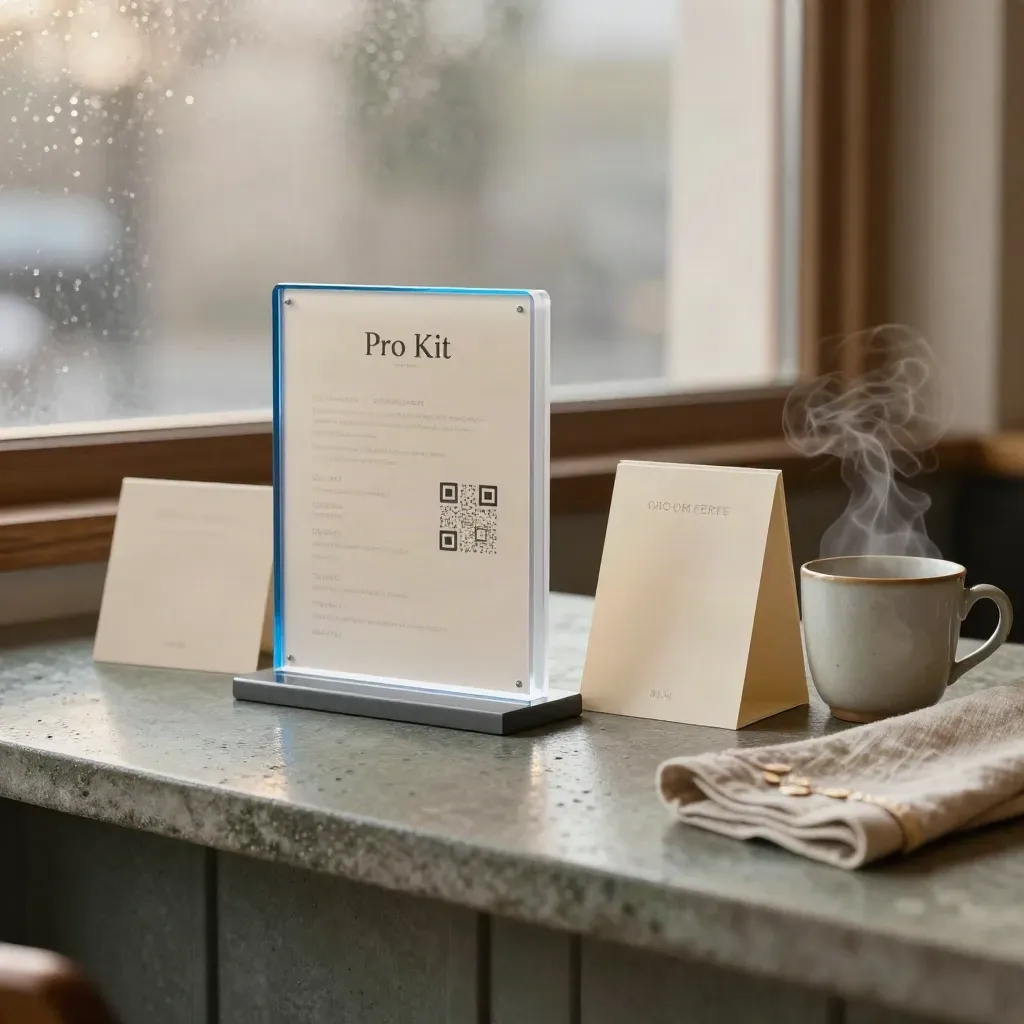 Café QR menu kit on a stone counter with steam, linen, and soft morning haze.