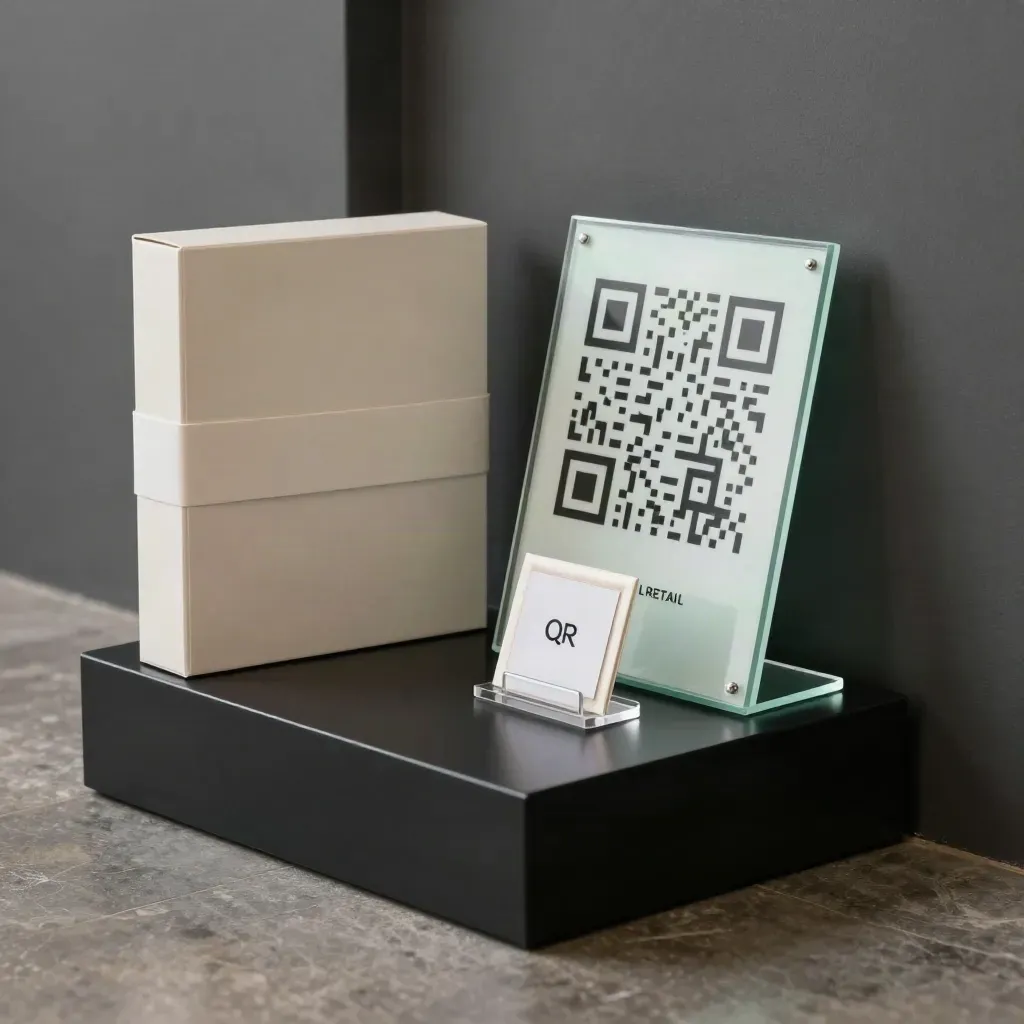 QR Retail Launch Pack display box, scan plaque and checkout card set in a dark studio glow.