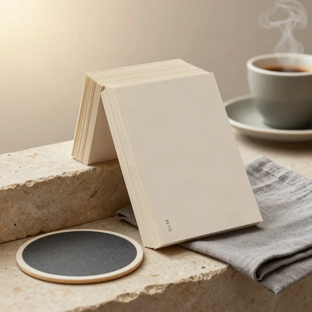 Cafe QR table cards leaning on stone beside linen with steam.