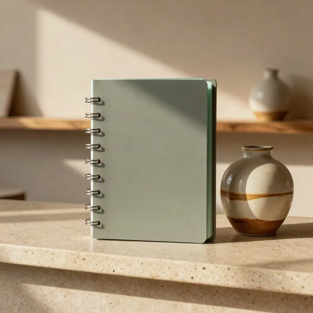 A digital menu builder kit stands beside a ceramic vase on a travertine café ledge.