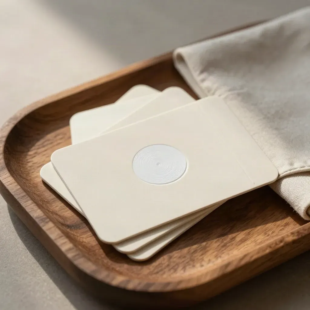 Reward code cards fanned on a wooden tray beside a cream sleeve and stamp disc in warm haze.