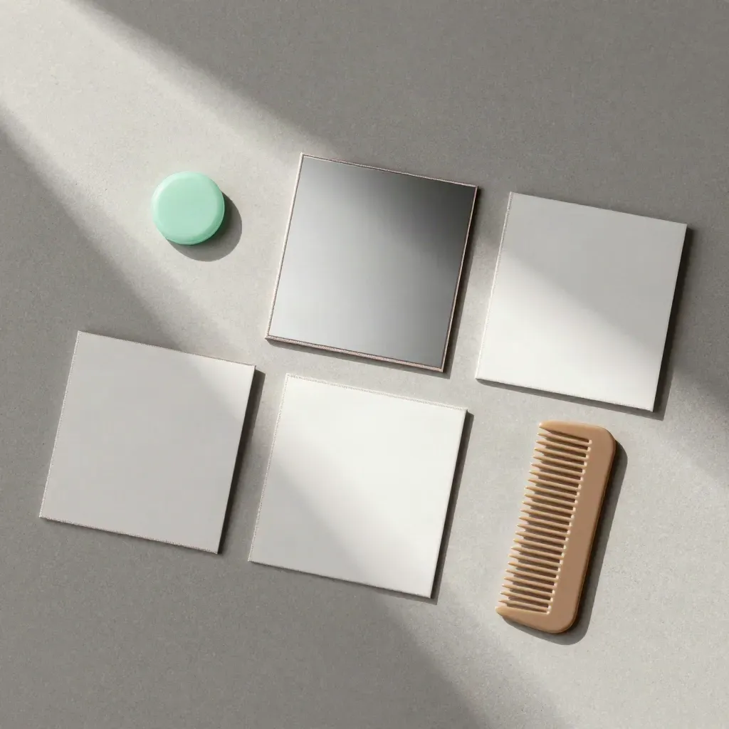 Top-down flat lay of salon booking cards, mirror tent and mint chip on satin stone.