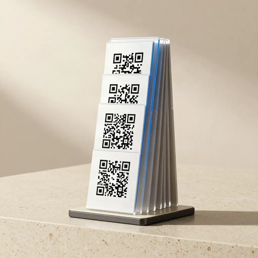 Tall stack of unbranded QR table signs on travertine with a subtle blue accent