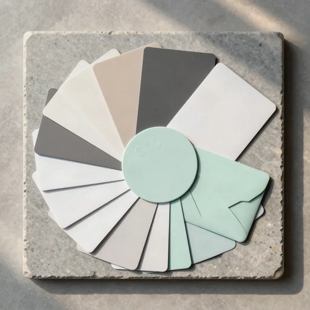 Overhead flatlay of promo-code cards, a discount disc, and sleeve on stone