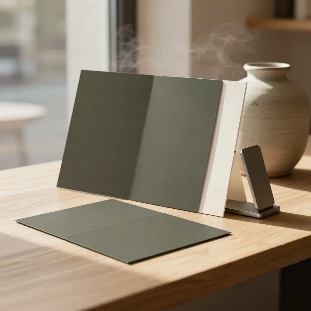 Charcoal landing kit panels beside a ceramic vessel on pale wood with soft steam