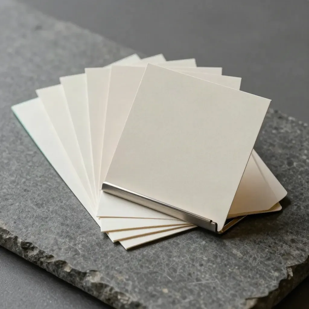 Menu-link cards, slim stand and folded sleeve on stone, lit dramatically with a mint accent.
