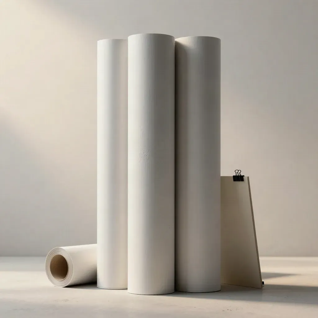Rolled A3 poster set with sample sheet and charcoal clips on pale plaster, lit as a luxury hero.