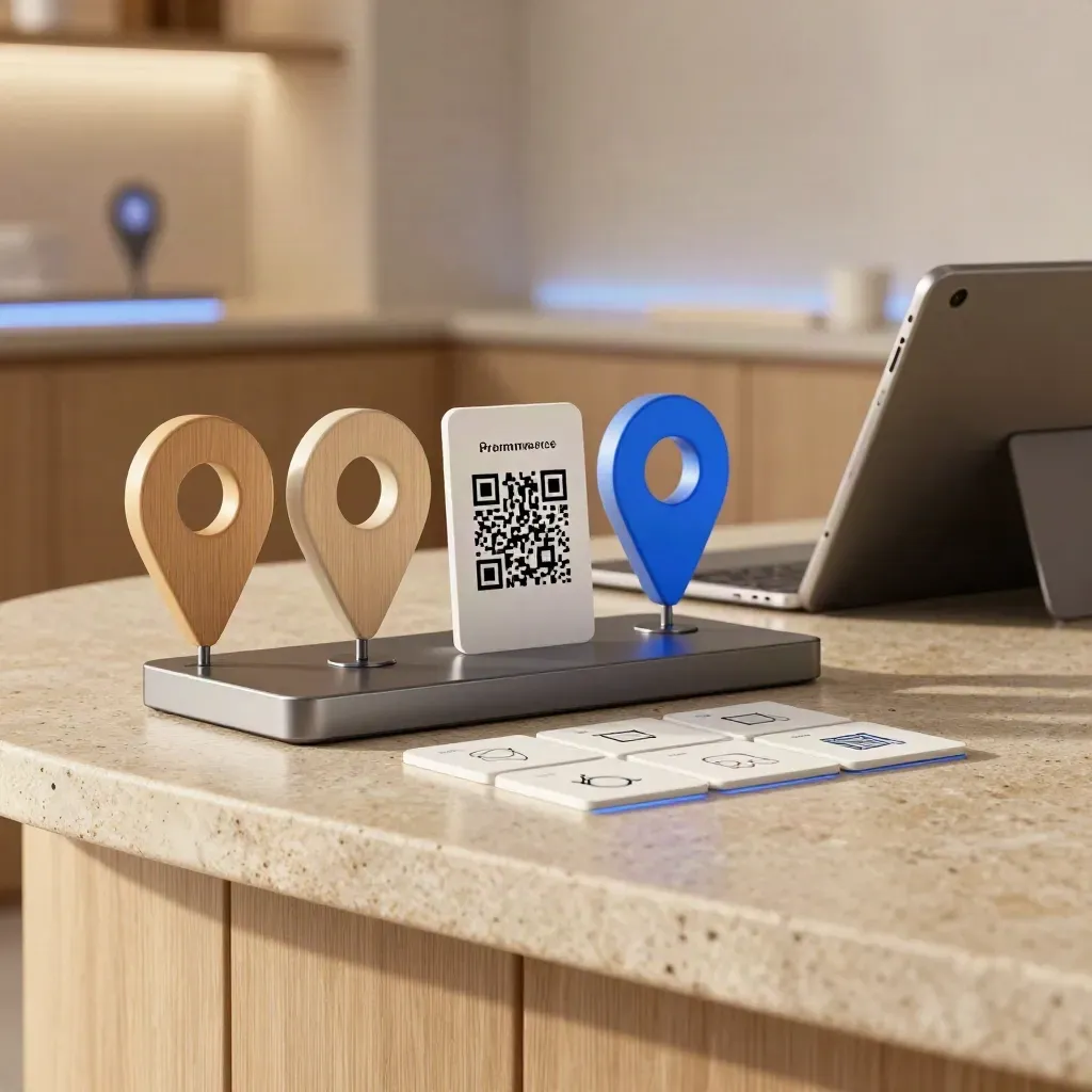 Premium dashboard kit with location cards, hub block, and tablet on a limestone counter