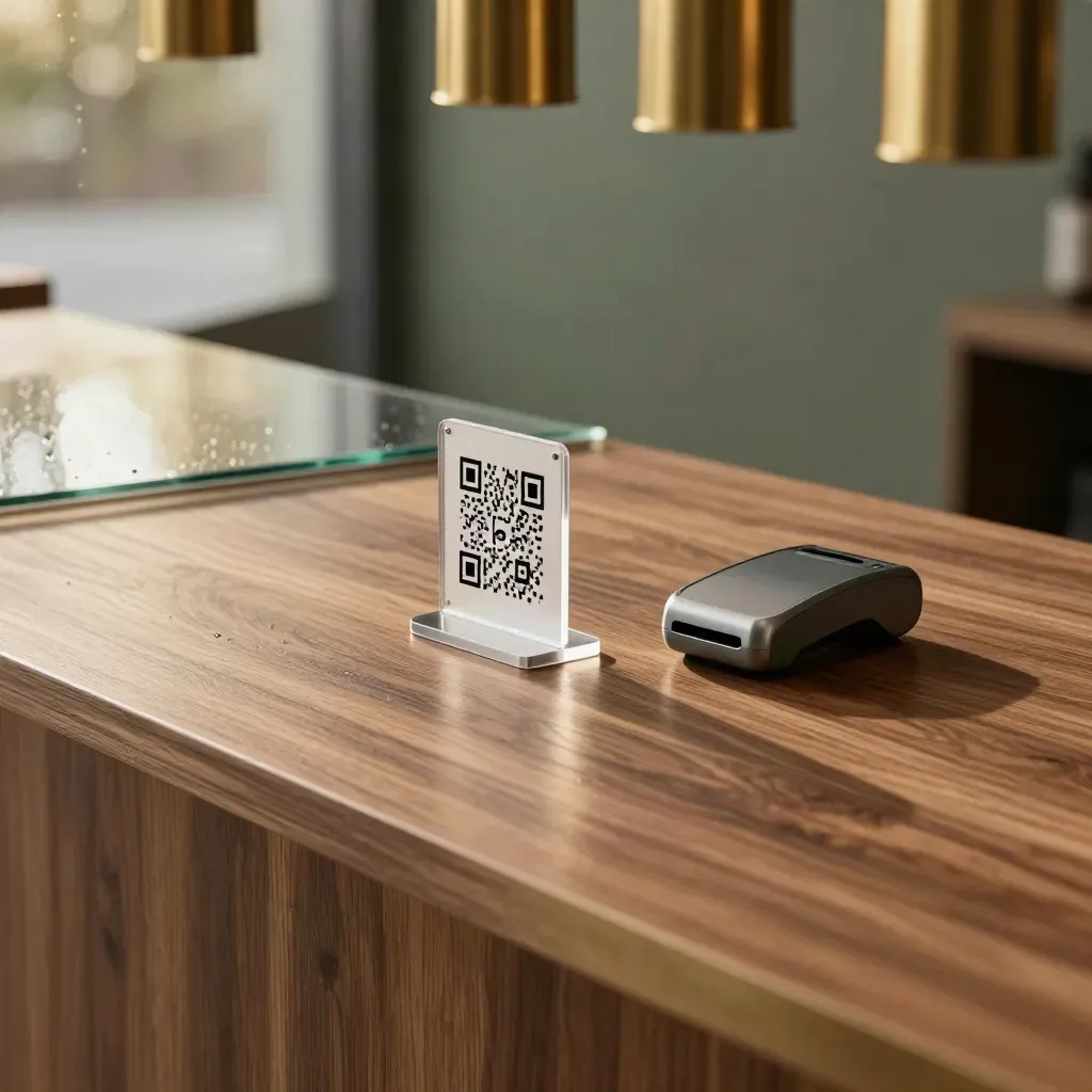 Walnut checkout counter with QR stand, card reader and brass reflections by rain-damp glass