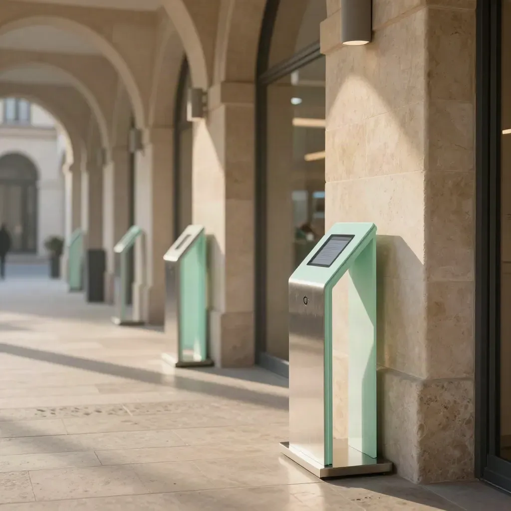 Stone arcade with a mint QR scan stand, brushed steel rails, and calm limestone paving.
