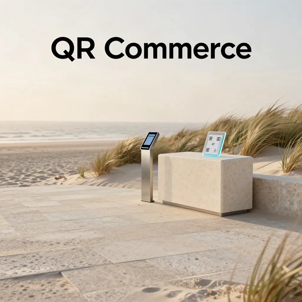 Coastal stone terrace with QR reader and acrylic plaque above calm sea haze.