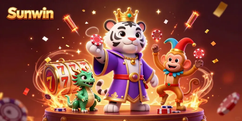 Experience the excitement of Sunwin with vibrant casino characters and elements in a festive atmosphere.