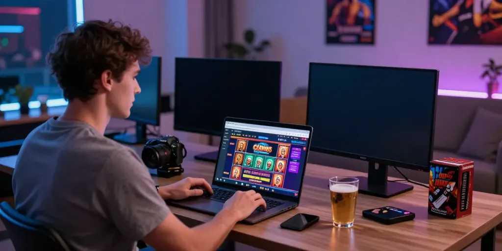 Engaging scene of a player exploring the best credit card casinos online in a modern home setting.