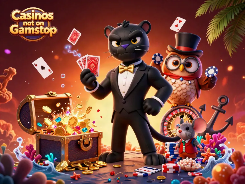 Interactive scene showcasing Casinos not on Gamstop with a stylized panther dealer, an owl with chips, and vibrant casino elements.