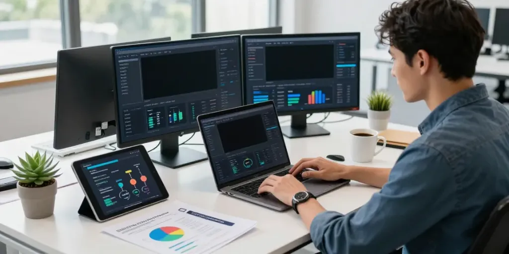 Digital marketer analyzing SEO growth strategies for instant indexing in a modern office setting.