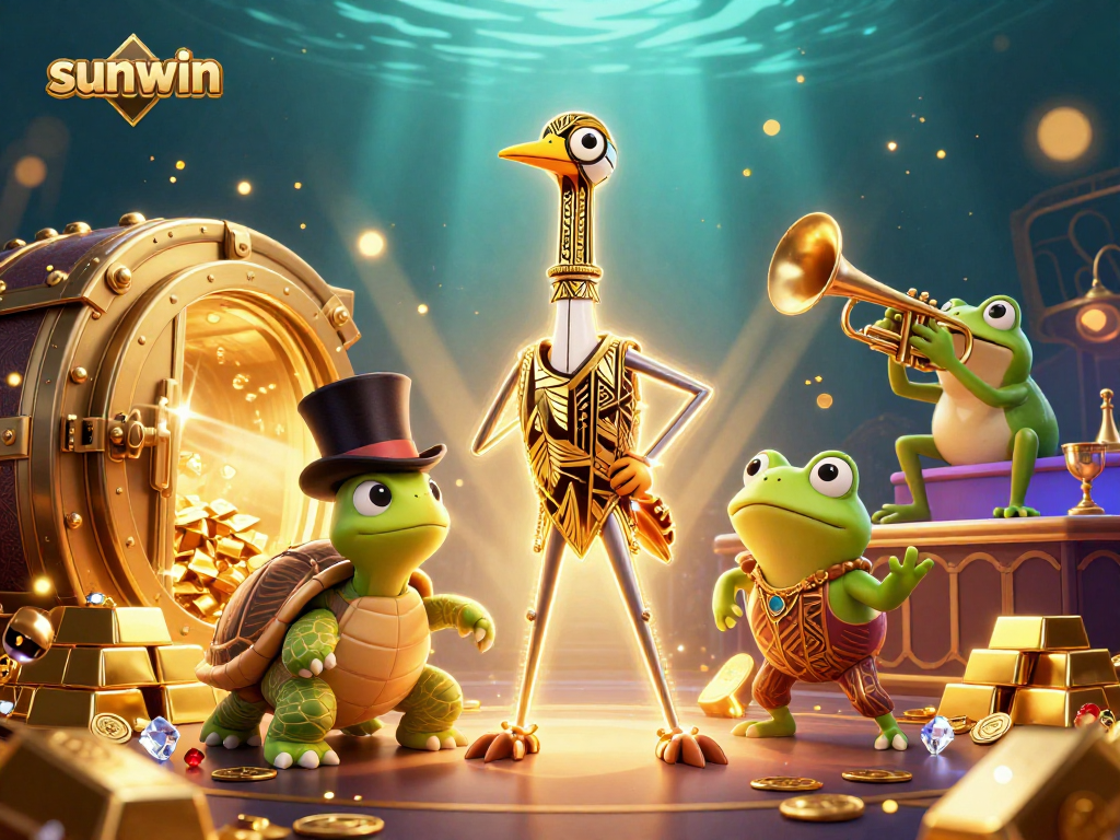 Join the excitement with sunwin, featuring lively characters and golden treasures in a vibrant casino scene.