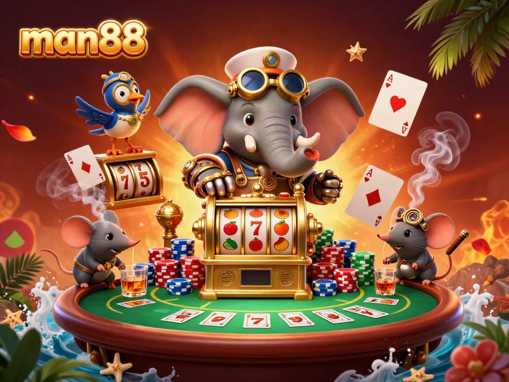 Experience the excitement of man88 at a dazzling steampunk casino scene featuring vibrant slot machines and engaging characters