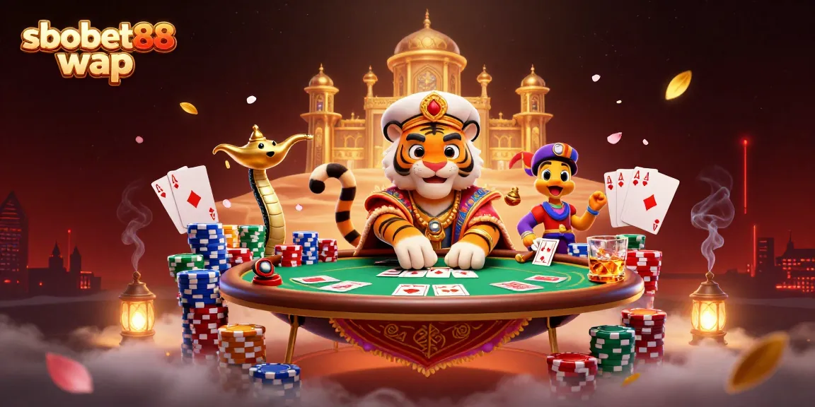 Engage in sbobet88 wap mobile betting with a vibrant Arabian Nights-themed casino scene.
