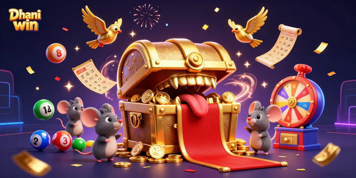 Dhani win presents an exciting gaming scene with treasure chests and colorful lottery balls, perfect for gamblers.