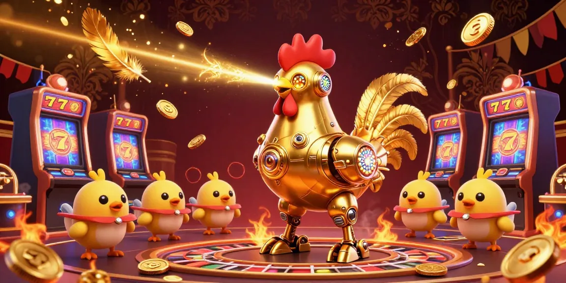 Players enjoy vibrant casino action at 789Club with a golden rooster robot and slot machines.
