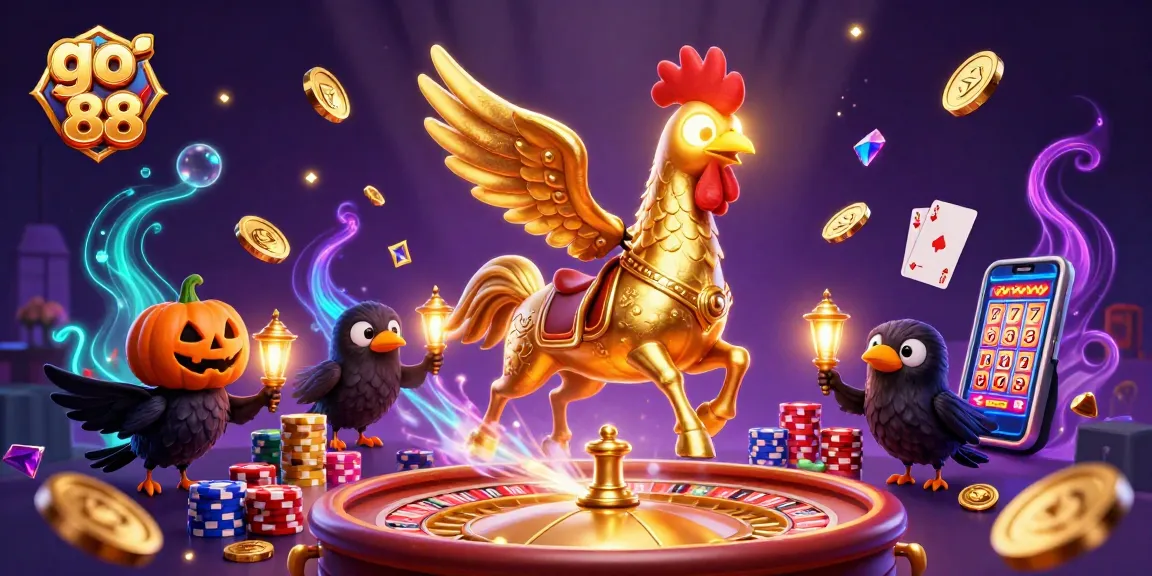 Experience the thrill of go 88 as a golden rooster leads the way in a vibrant casino.
