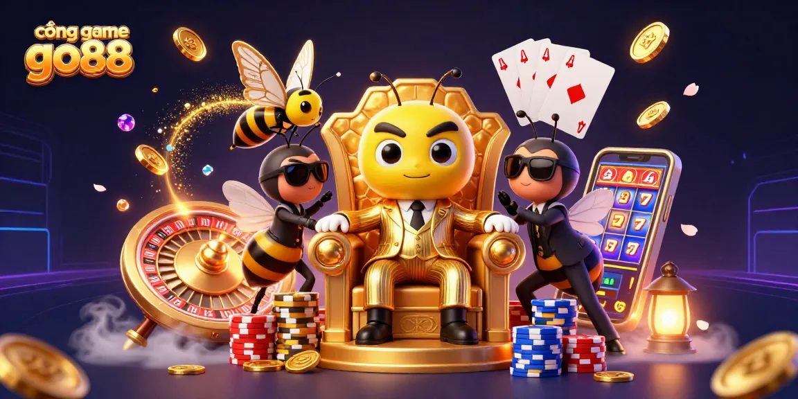 Place bets and win big at cổng game go88, featuring a dynamic 3D illustration of a bee mob boss with casino elements.