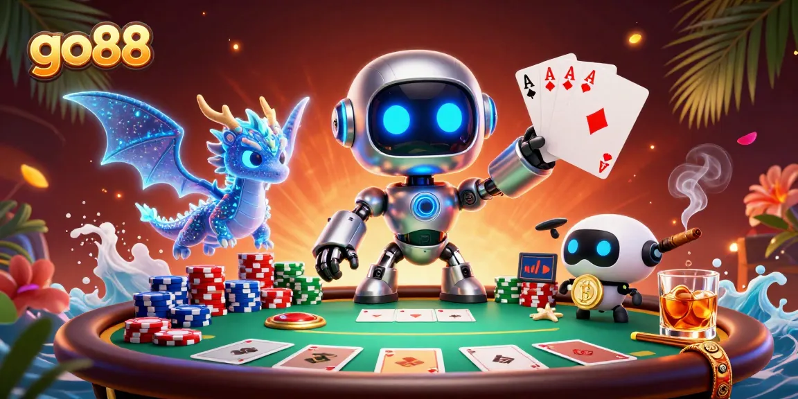 Experience the excitement of go88 with a vibrant 3D illustration showcasing a cyberpunk robot, poker elements, and a dynamic casino atmosphere.